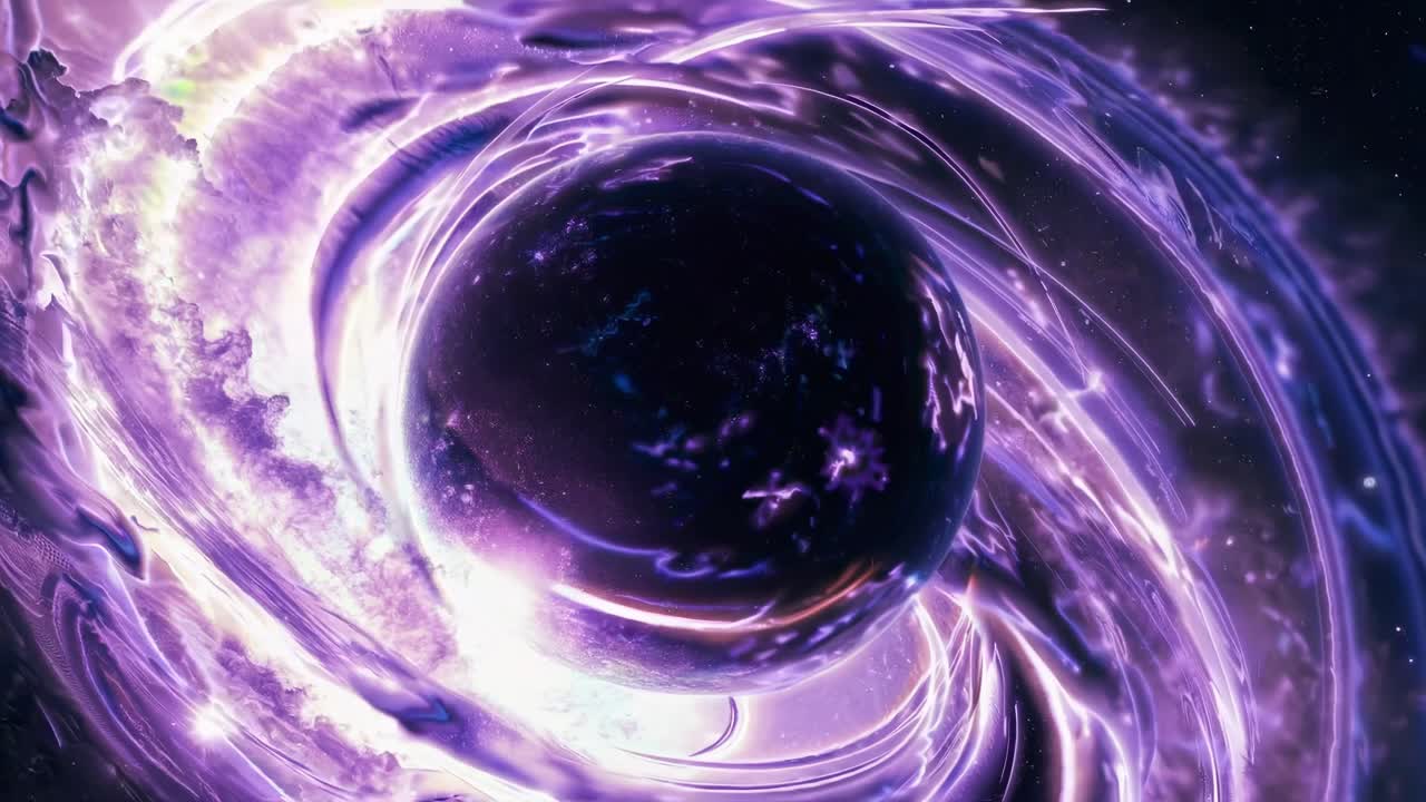 En kosmisk, hvirvlende lilla vortex i rummet, set fra en vinkel oppefra, hvilket skaber en dynamisk effekt