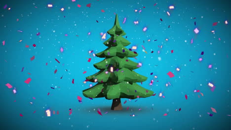 Animation of snow and confetti falling over fir tree