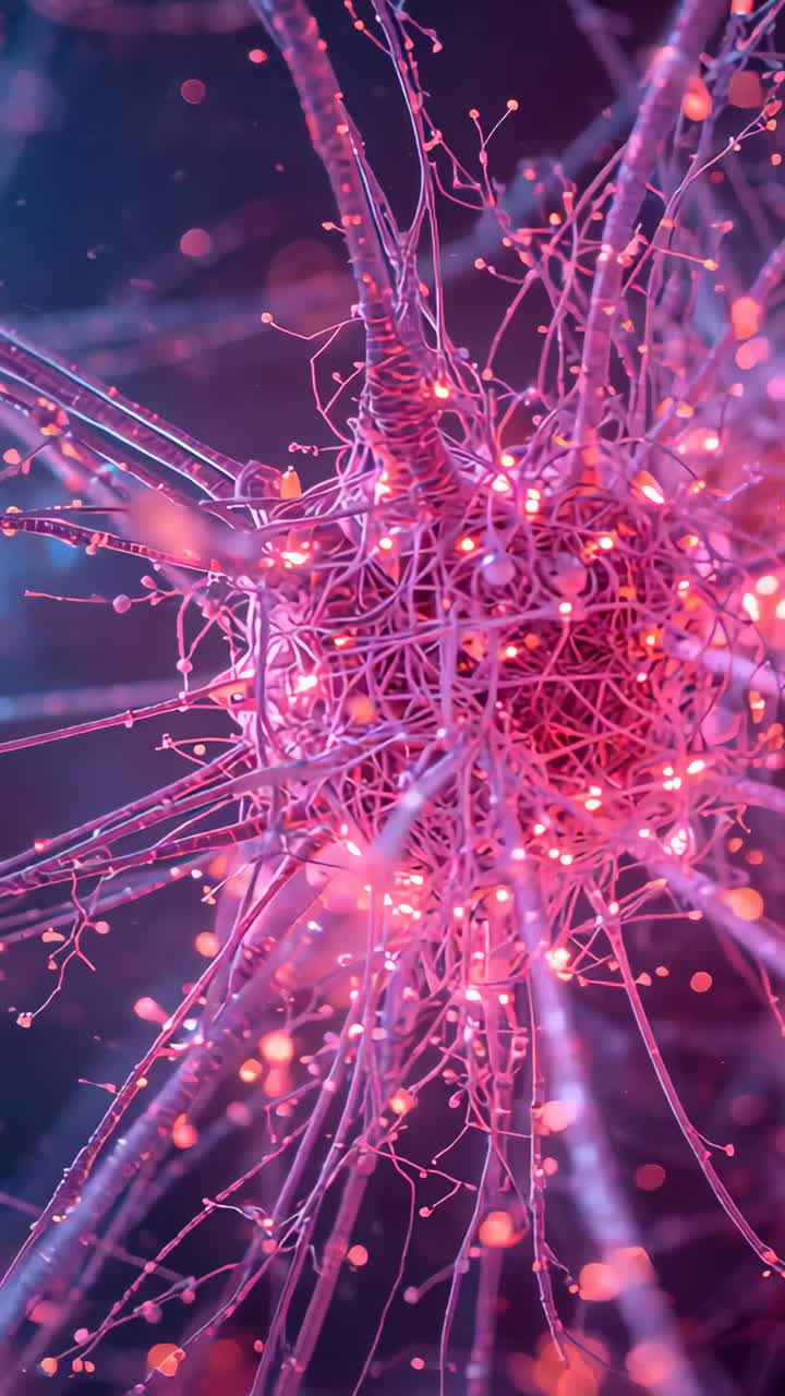 Vertical video: Camera approaching neural sphere revealing pulsing nodes, threads at microscale