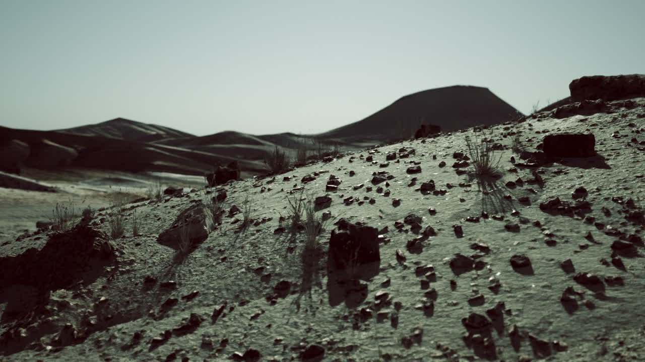 Arid terrain with rocky formations under a clear sky in mongolias landscape