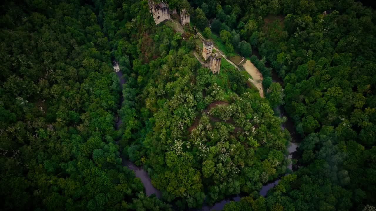 aerial view of an abandoned castle lost in the forest, with a bit of mist
