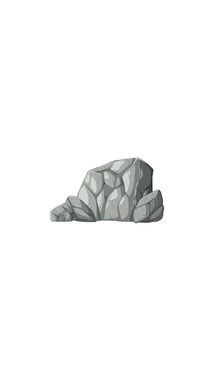 Una roccia grigia stilizzata appare, si ingrandisce e poi esplode in frammenti con transizioni fluide. L'animazione include sfondi neri, bianchi e verdi per il compositing
