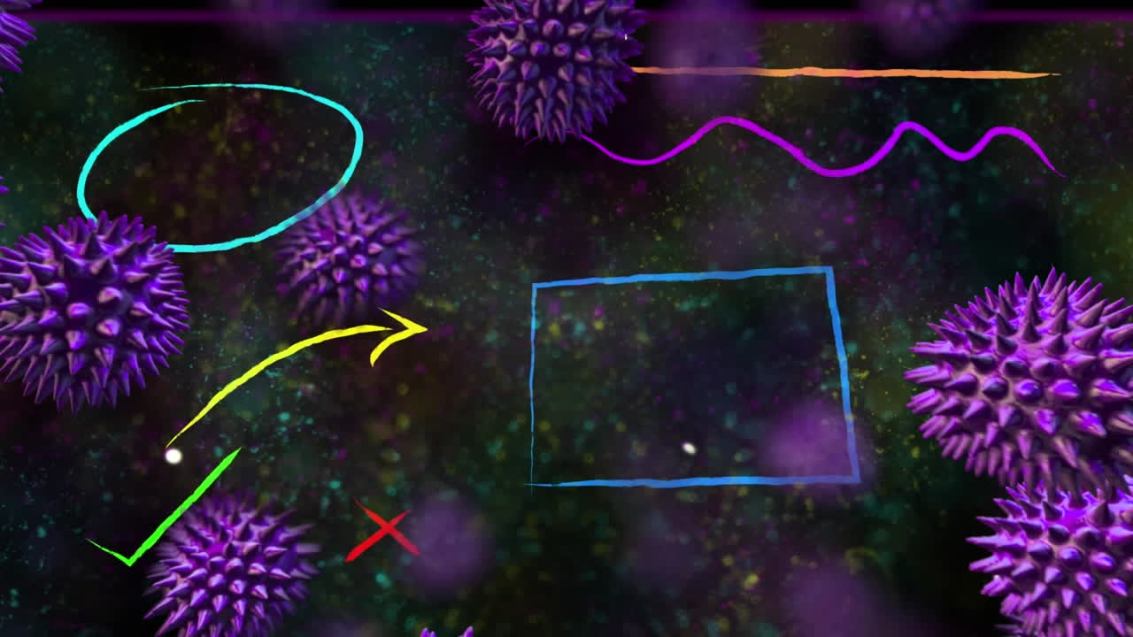 animación digital de células de covid-19 sobre formas abstractas coloridas y partículas sobre fondo negro