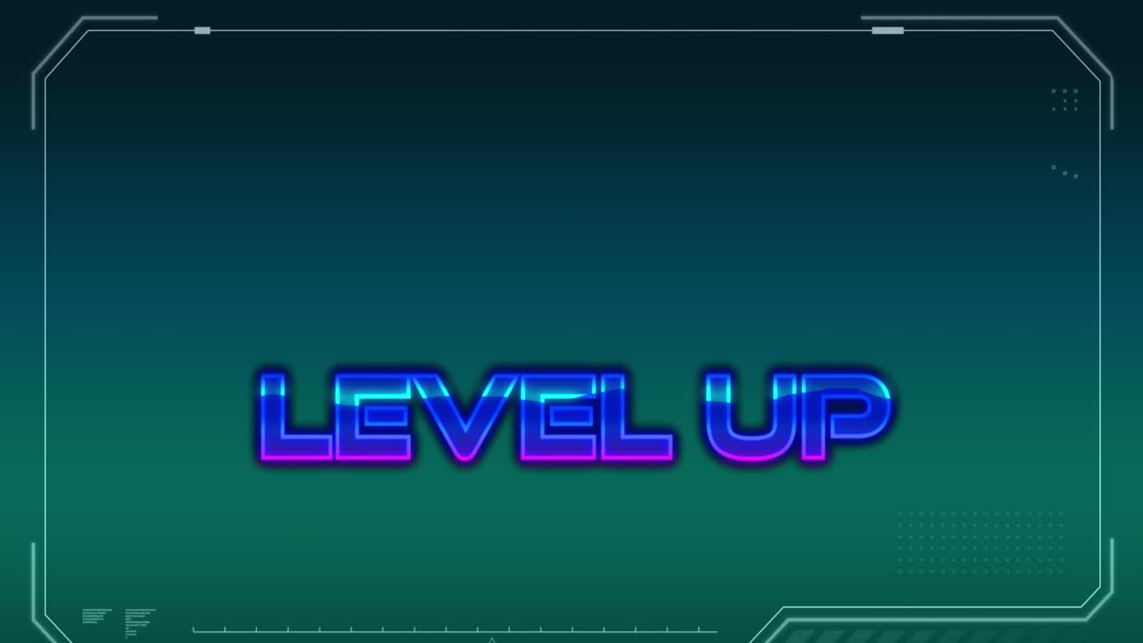 Level up text banner against abstract shapes on green and blue gradient background