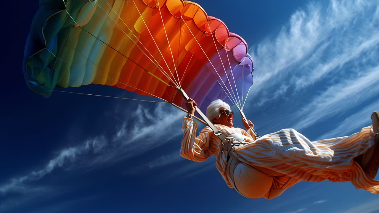 An aerial adventure unfolds as a daring individual gracefully descends from the sky with a vibrant rainbow parachute, capturing the thrill of freefall and the beauty of the vast blue above
