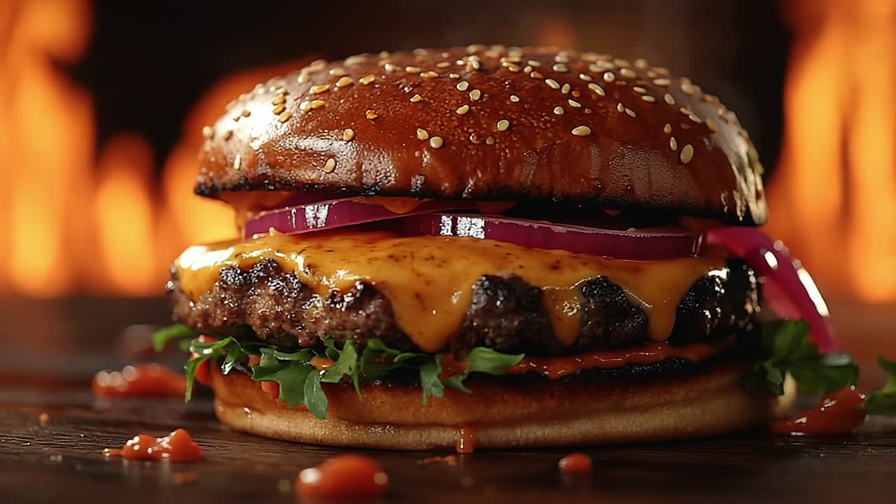 Cheesy juicy burger with toppings. A scrumptious burger features a beef patty topped with cheese, onions, and sauce, against a fiery background.