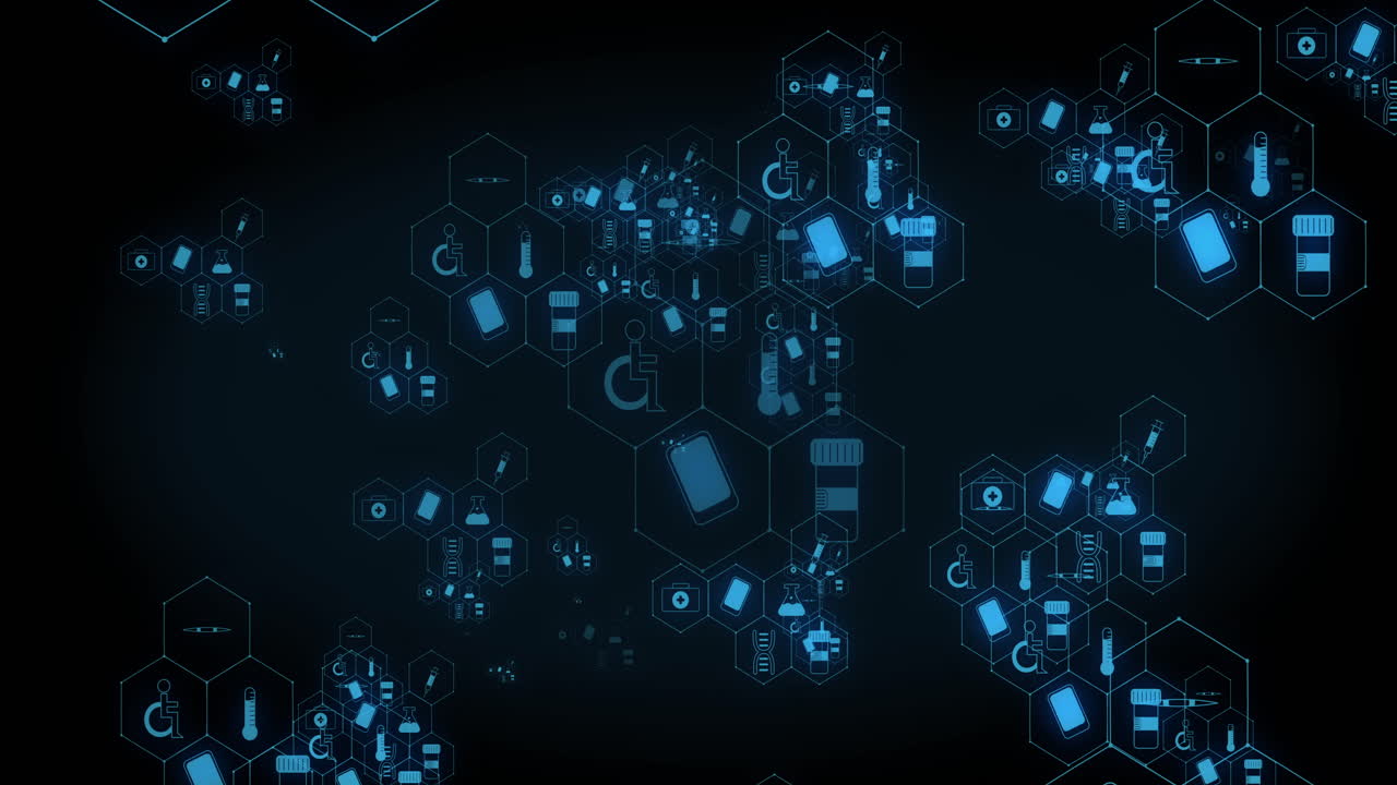 animación de redes de iconos médicos y de comunicación azules que se mueven sobre un fondo negro