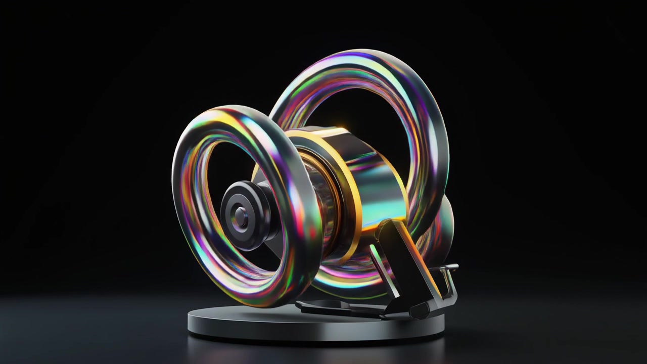 Abstract Mechanical Device with Rotating Iridescent Rings