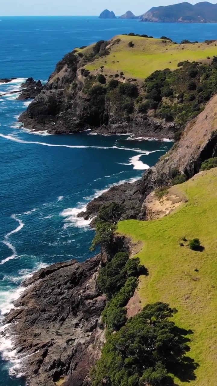 Scogliere e acque incontaminate Isola di Urupukapuka, Nuova Zelanda. Atmosfera da paradiso tropicale. Ripresa verticale con drone.