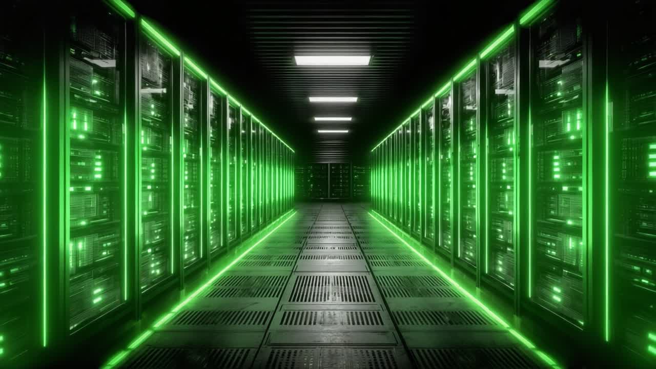 Illuminated Data Center Corridor Featuring High-Tech Server Racks in a Futuristic Setup with Striking Green Accent Lighting for Enhanced Visual Impact