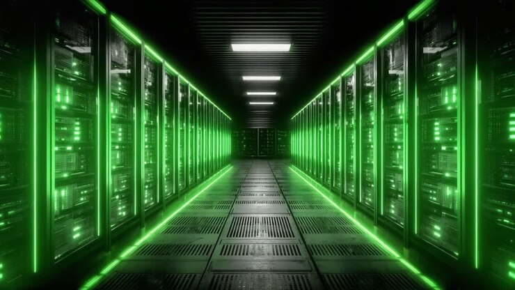 Illuminated Data Center Corridor Featuring High-Tech Server Racks in a Futuristic Setup with Striking Green Accent Lighting for Enhanced Visual Impact