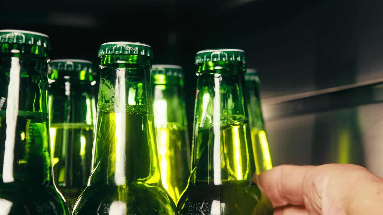 Row of beer bottles in fridge, shop or hotel, cold lager craft german beer or cider, shop supermarket or wine cooler close up.