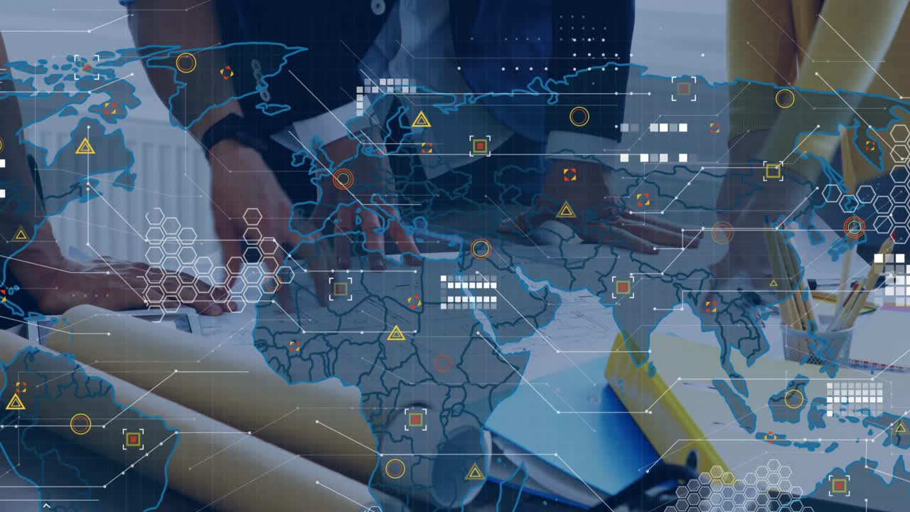 When world map appears, leaning team hands on blueprint projecting global data overlay for planning