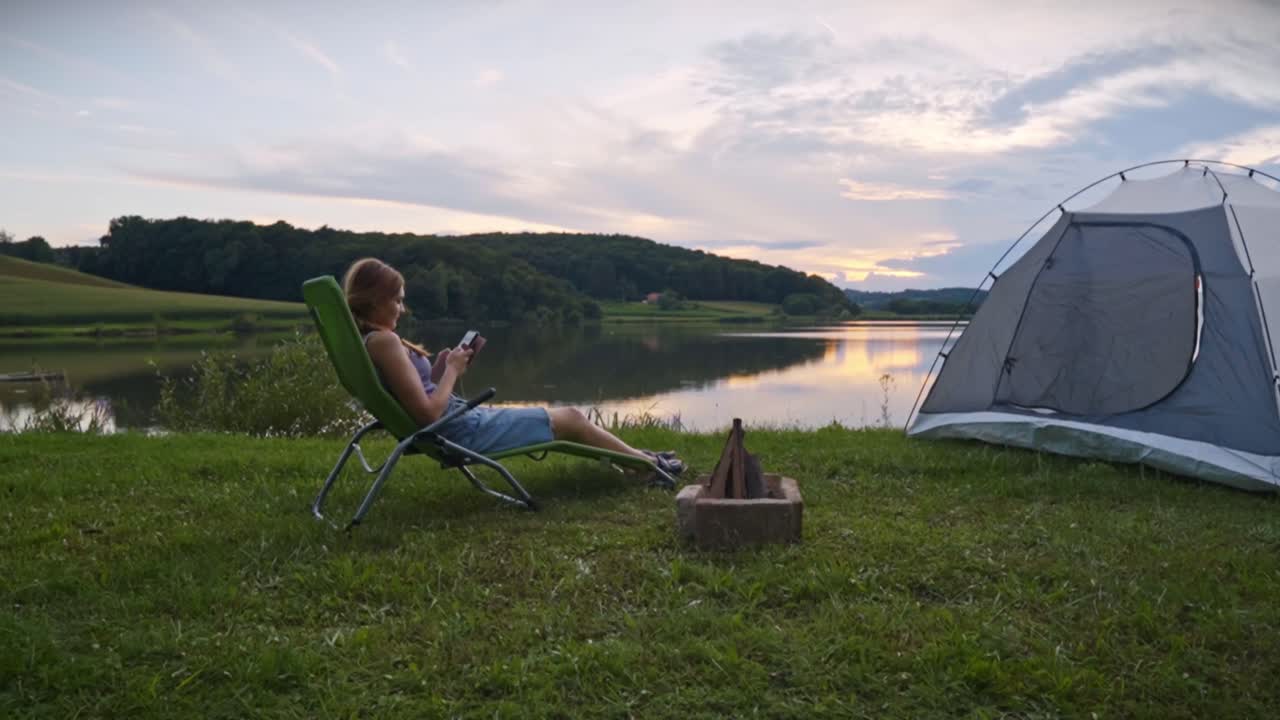 Donna seduta su una sedia da esterno che usa lo smartphone vicino a un lago calmo con tenda e falò al tramonto, catturando uno stile di vita da campeggio pacifico e un momento di viaggio moderno a Savci, Slovenia.