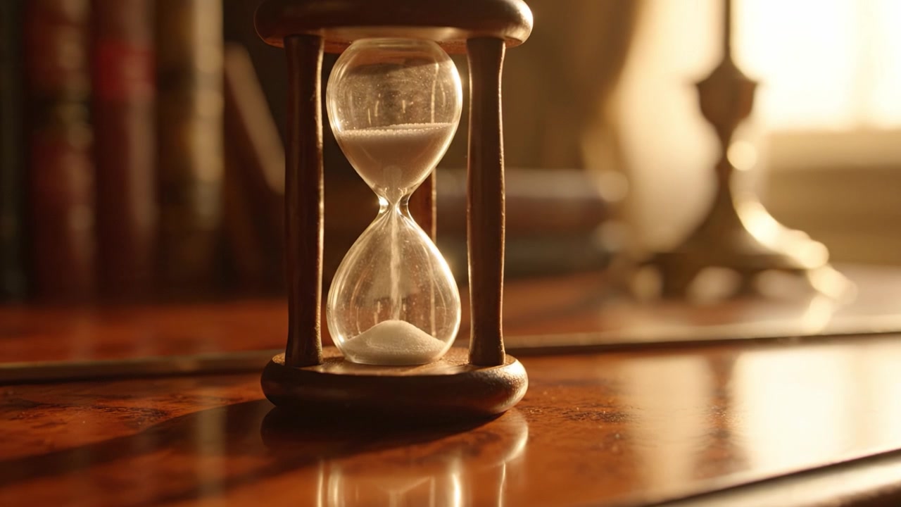 Momenti accattivanti: Il tempo espresso attraverso una clessidra su una superficie di scrivania lucida con una morbida illuminazione ambientale in un ambiente accogliente