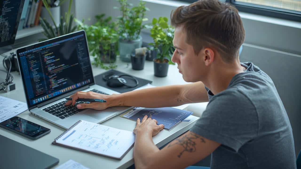 Noticing code on laptop, developer reading code and writing in spiral notebook at desk, copy space