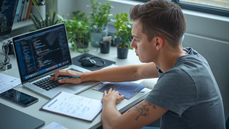 Noticing code on laptop, developer reading code and writing in spiral notebook at desk, copy space