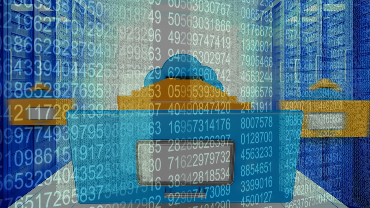 Binary numbers and data processing over animation of server room