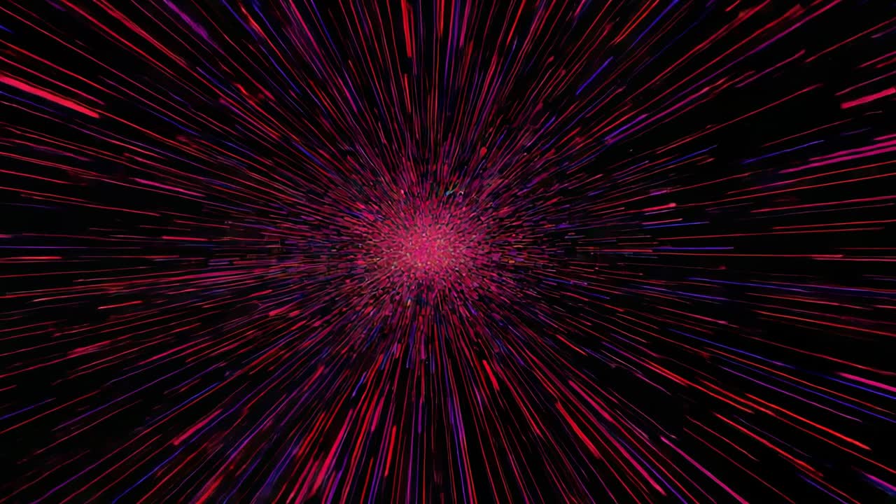 Stretching colored dashes initiating particle cluster expansion in void, creating warp-speed effect