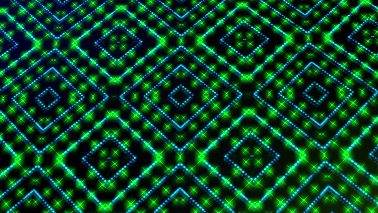 Animated illustration light shinning green and blue dots and stars square shapes.