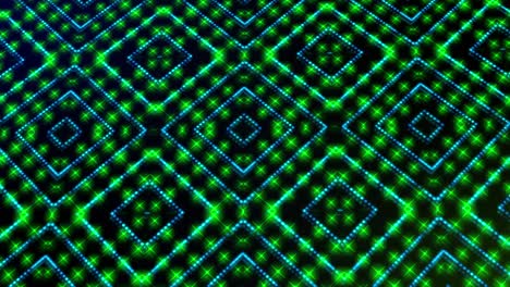 ilustración animada luz brillando puntos verdes y azules y estrellas formas cuadradas.