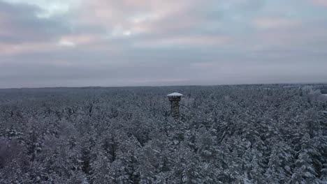 drone flying above moody snowy trees including watchtower with moody clouds