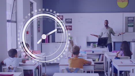 animation of clock over african american male teacher talking to pupils at desks in class