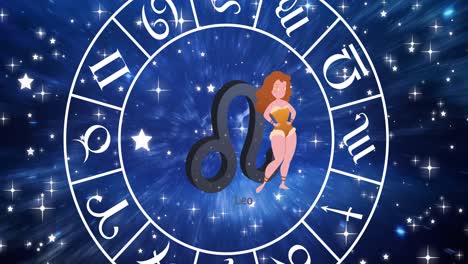 animation of leo star sign inside spinning wheel of zodiac signs over stars on blue sky