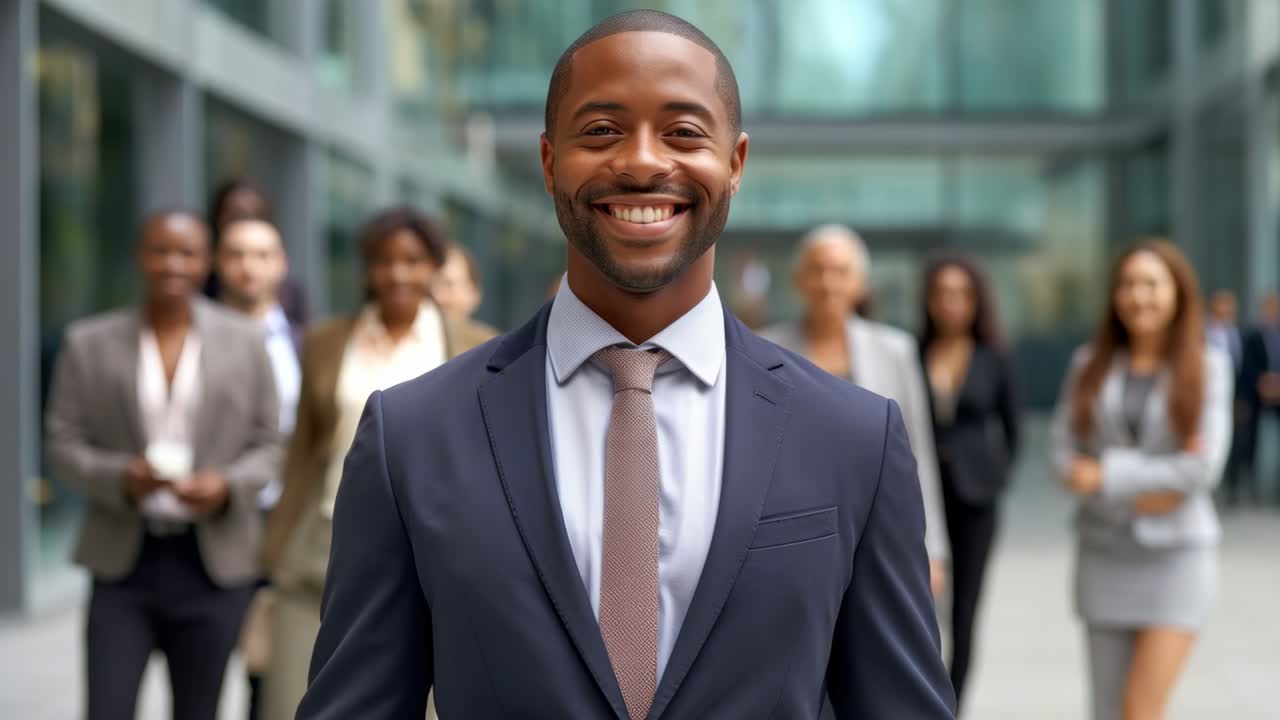 A dynamic video still of a confident businessman in a suit, captured from a low angle