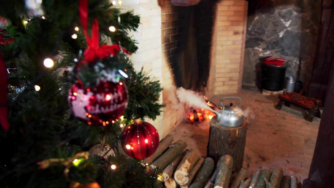 Christmas background with Santa near fireplace. Santa Claus takes hot kettle from the log near the fire in the room