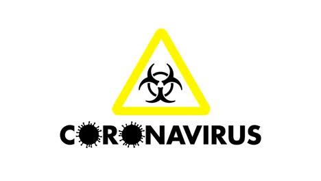 biohazard symbol in a yellow triangle over the corona virus cells spinning in a white background, covid-19 particles 2d animations