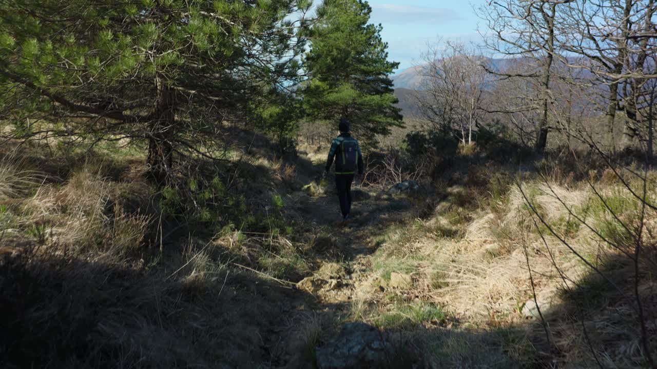Lone hiker on a rugged hillside trail near Noli, Liguria, Italy. Morning light through pines and dry grass, mountains beyond. Smooth tracking shot ideal for travel, adventure, and nature themes