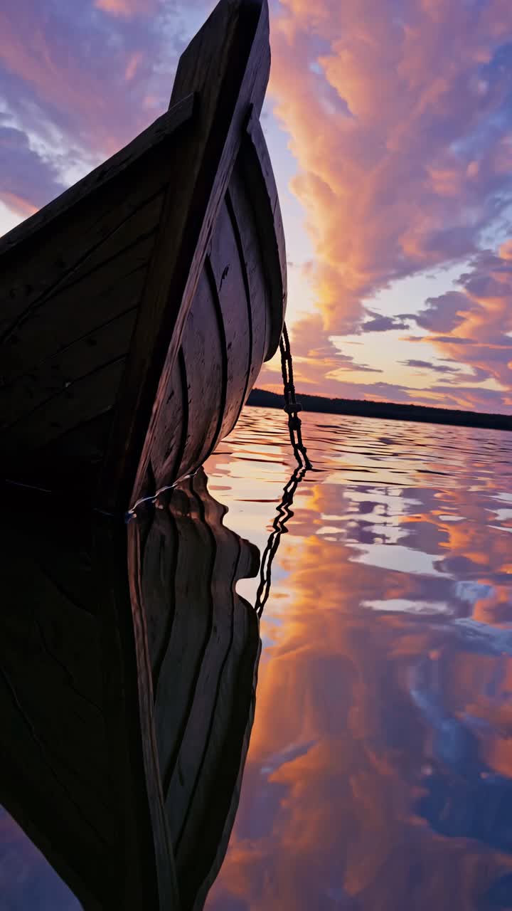 A tranquil sunset scene with a wooden boat reflected in calm water