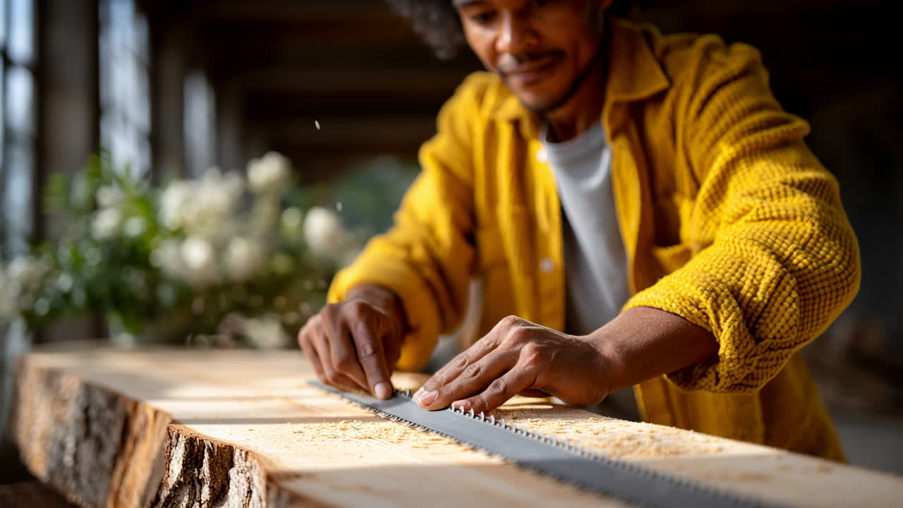 Crafting wood in a sunlit workshop. A person carefully uses a saw to shape a wooden plank in a bright workshop surrounded by natural light