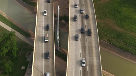 Aerial-of-cars-on-45-North-freeway-near-downtown-Houston