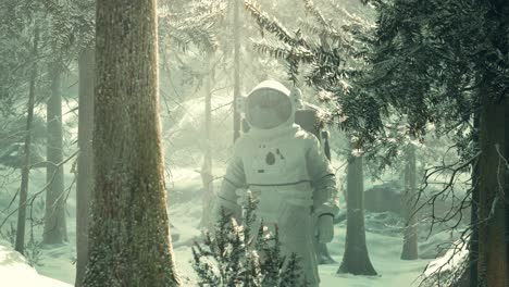 astronaut exploring forest in snow