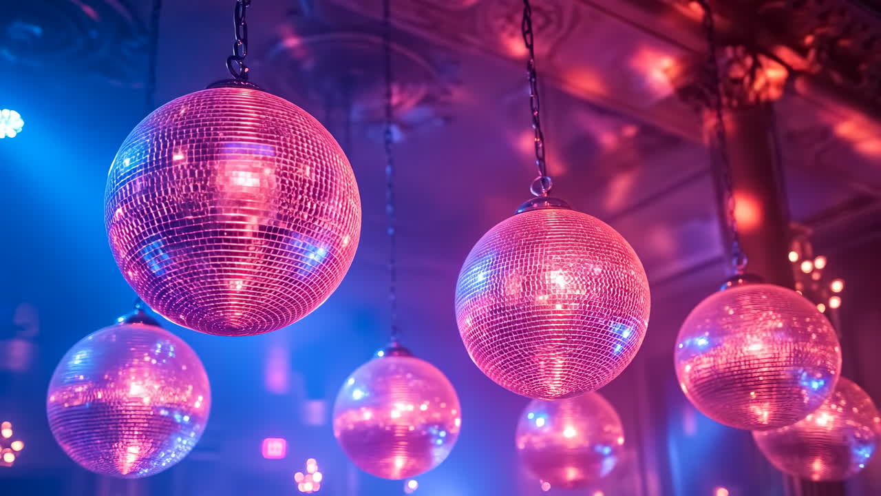 Disco balls brighten the venue. Disco balls hang from the ceiling, reflecting colorful lights in a vibrant party atmosphere at night
