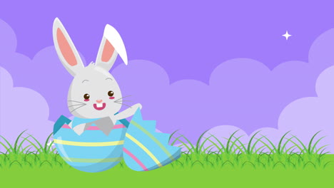 feliz pascua tarjeta animada con huevo pintado y conejo en el campamento