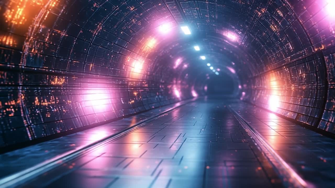 Lit futuristic tunnel. A vibrant tunnel with glowing lights along the walls, reflecting on the polished floor, creating a sci-fi atmosphere.
