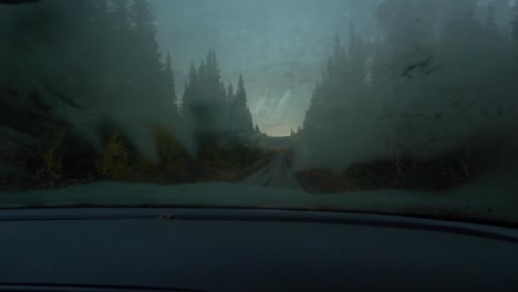 pov fogged windscreen from a car driving through a dirt road in the middle of a eerie forest at dusk