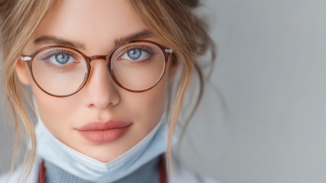 Captivating Portrait of a Young Woman with Blue Eyes and Glasses, Radiating Confidence and Professionalism in a Medical Environment