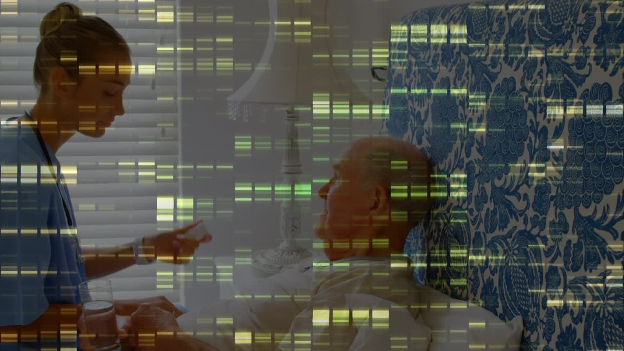 animación del procesamiento de datos sobre una mujer médica con un paciente mayor