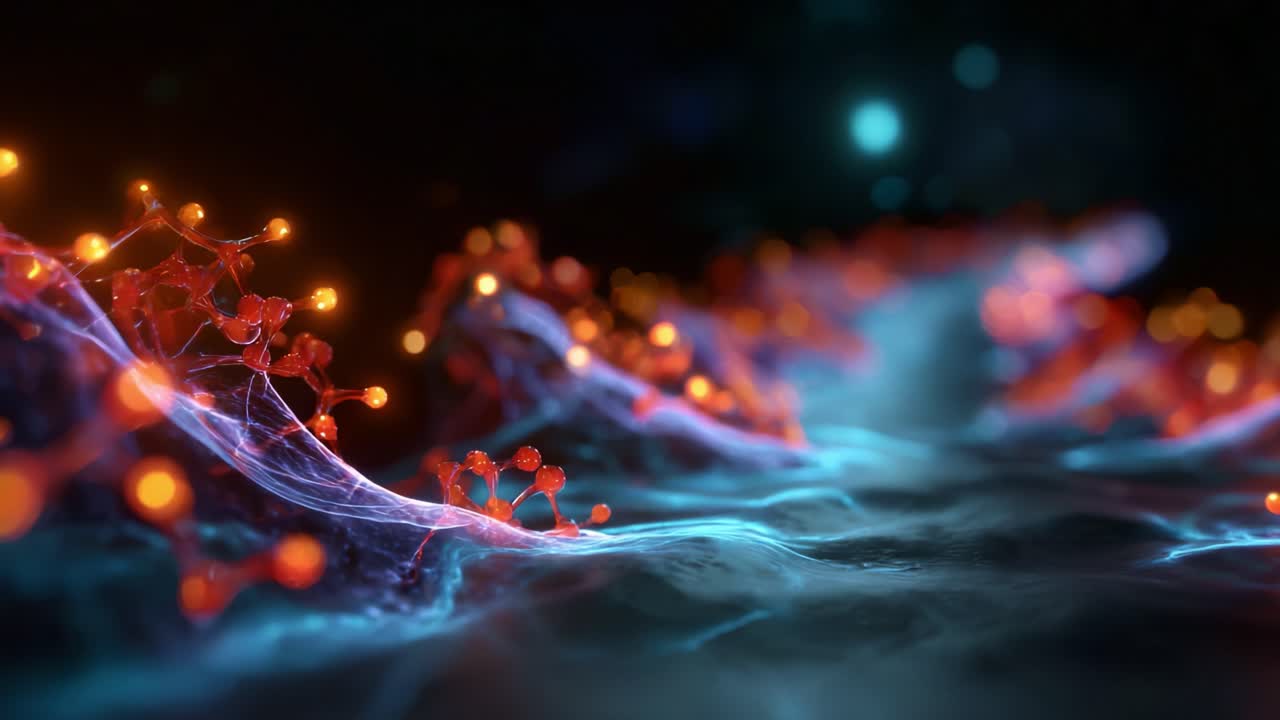 Mesmerizing Abstract Visualization of Molecular Structures with Illuminated Nodes Intertwined in Flowing Fluid Dynamics and Ethereal Colors of Blue and Orange