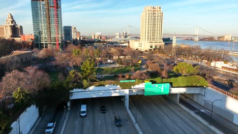 Traffic-on-interstate-highway-road-with-sign-for-Central-Phila-exit