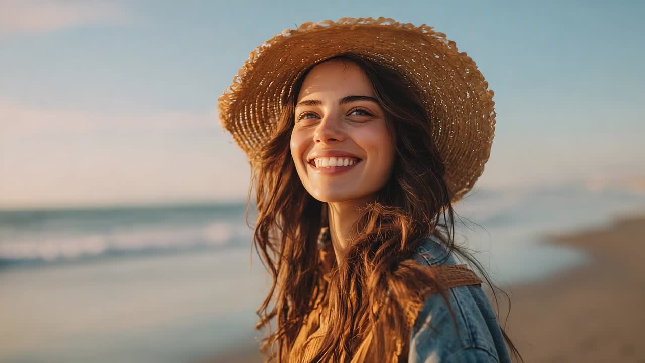 Joyful woman smiling by the ocean on a sunny beach day