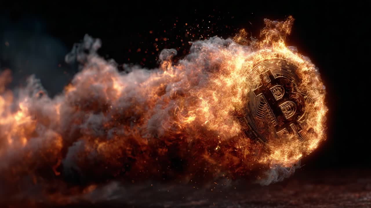 Explosive Bitcoin Transformation: A Captivating Display of the Iconic Cryptocurrency Surrounded by Fiery Clouds, Capturing the Intensity and Dynamism of Digital Finance's Evolution