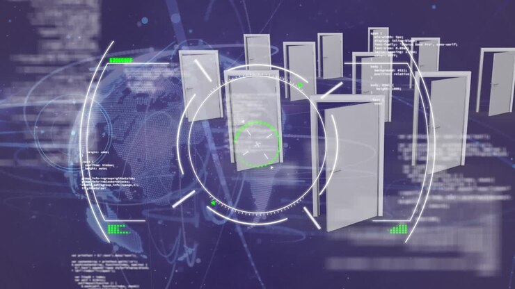 Animation of data processing over door and globe
