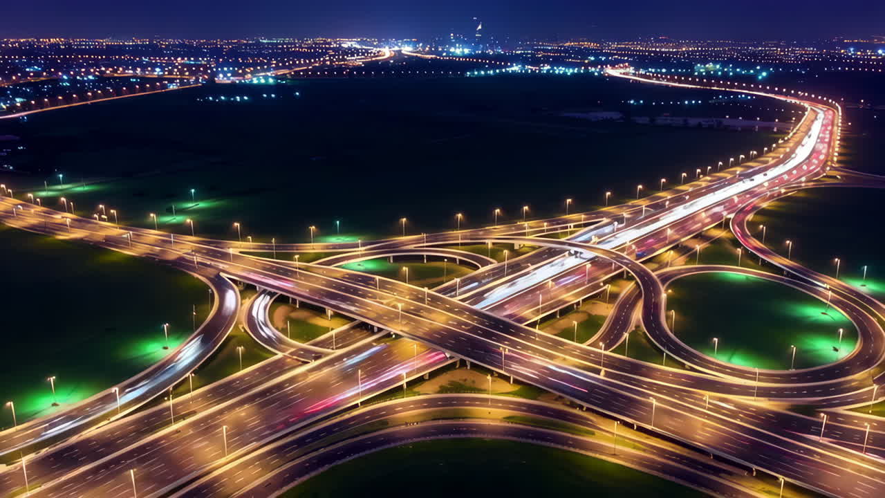 Aerial View of Highway Interchange at Night with Light Trails