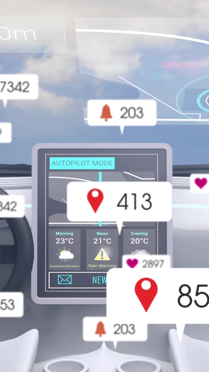 Animazione di icone e numeri dei social media su banner, su auto a guida autonoma