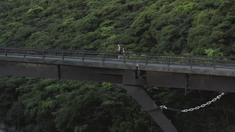 man walking across bridge, forest in background, tracking shot, yakushima japan